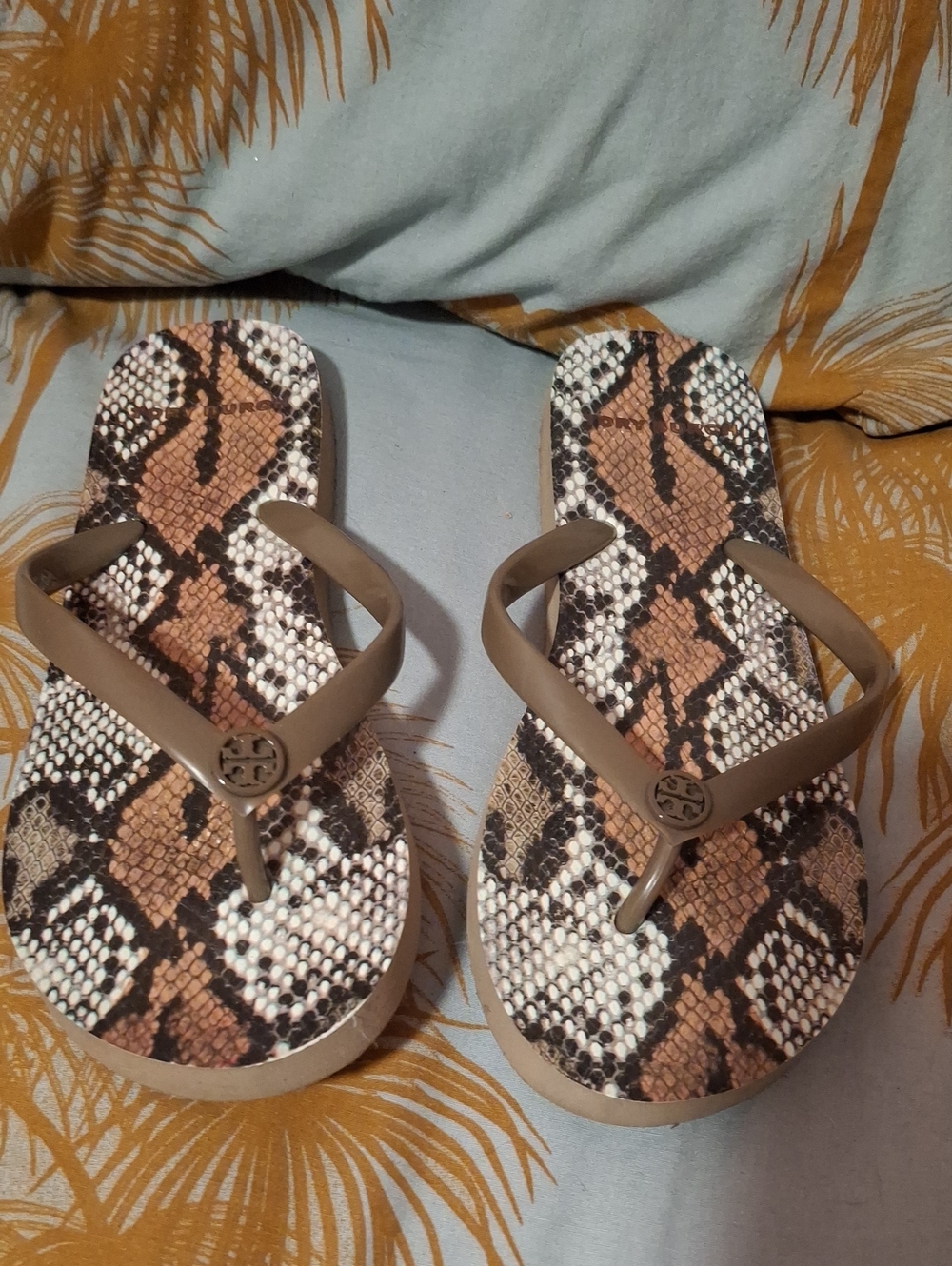 Tory Burch Brown Snake-Print Thong Sandals